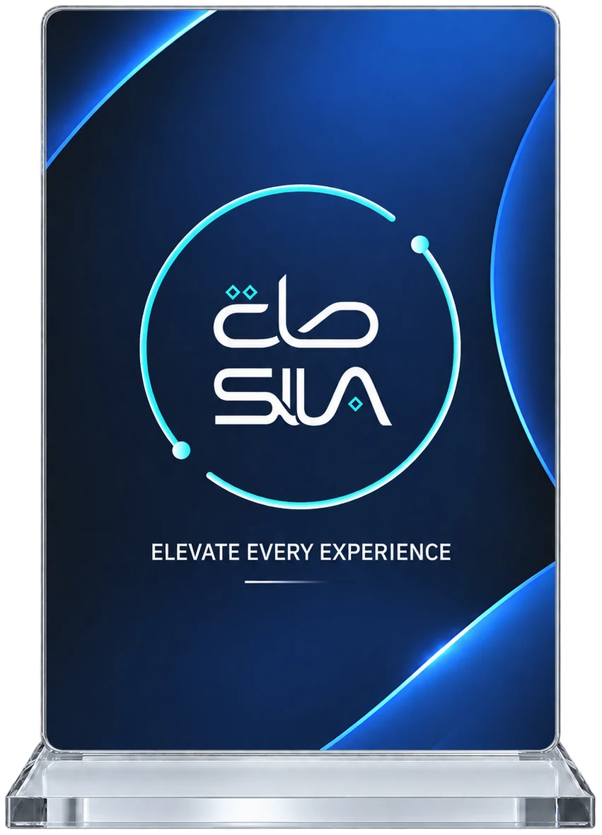 A Sila stand printed in navy with the Sila logo and the line Elevate every experience.